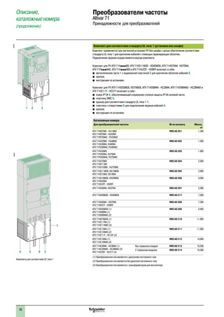 28
Комплект для соответствия стандарту UL типа 1 (установка вне шкафа)
Комплект применяется при настенной установке ПЧ без шкафа с целью обеспечения соответствия
стандарту UL типа 1 для крепления кабелей с помощью экранирующих оболочек.
Подключение экранов осуществляется внутри комплекта.
Комплект для ПЧ ATV 71HpppM3, ATV 71HD11M3X - HD45M3X, ATV 71H075N4 - HD75N4,
ATV 71PpppN4Z, ATV 71HpppS6X и ATV 71HU22Y - HD90Y включает в себя:
b�металлические части 1 с вырезанной пластиной 2 для крепления оболочек кабелей 3;
b�крепеж;
b�инструкцию по установке.
Комплект для ПЧ ATV 71HD55M3X, HD75M3X, ATV 71HD90N4 - HC28N4, ATV 71HD90N4D - HC28N4D и
ATV 71HC11Y - HC31Y включает в себя :
b�кожух IP 54 4, обеспечивающий сохранение степени защиты IP 54 силовой части;
b�пластину ЭМС 5;
b�крышку для соответствия стандарту UL типа 1 7;
b�пластину с отверстиями 6 для подключения экранов кабелей 3;
b�крепеж;
b�инструкцию по установке.
Каталожные номера
Для преобразователей частоты № по каталогу Масса,
кг
ATV 71H037M3 - HU15M3
ATV 71H075N4 - HU22N4
ATV 71P075N4Z - PU22N4Z
VW3 A9 201 1,300
ATV 71HU22M3 - HU40M3
ATV 71HU30N4, HU40N4
ATV 71PU30N4Z, PU40N4Z
VW3 A9 202 1,500
ATV 71HU55M3
ATV 71HU55N4, HU75N4
ATV 71PU55N4Z, PU75N4Z
VW3 A9 203 1,800
ATV 71HU75M3
ATV 71HD11N4
ATV 71HU15S6X - HU75S6X
VW3 A9 204 2,000
ATV 71HD11M3X, HD15M3X
ATV 71HD15N4, HD18N4
VW3 A9 205 2,800
ATV 71HD18M3X, HD22M3X
ATV 71HD22N4
ATV 71HU22Y - HD30Y
VW3 A9 206 4,000
ATV 71HD30N4, HD37N4 VW3 A9 207 5,000
ATV 71HD30M3X - HD45M3X VW3 A9 217 7,000
ATV 71HD45N4 - HD75N4
ATV 71HD37Y - HD90Y
VW3 A9 208 7,200
ATV 71HD55M3X (1)
ATV 71HD90N4 (1)
ATV 71HD90N4D (2)
VW3 A9 209 9,400
ATV 71HD75M3X (1)
ATV 71HC11N4 (1)
ATV 71HC11N4D (2)
VW3 A9 210 11,800
ATV 71HC13N4 (1)
ATV 71HC13N4D (2)
ATV 71HC11Y - HC16Y (3)
VW3 A9 211 11,600
ATV 71HC16N4 (1)
ATV 71HC16N4D (2)
VW3 A9 212 14,600
ATV 71HC20N4 - HC28N4 (1)
ATV 71HC20N4D - HC28N4D (2)
ATV 71HC20Y - HC31Y (3)
Без тормозного модуля VW3 A9 213 19,500
С тормозным модулем VW3 A9 214 19,500
(1) Преобразователи поставляются с дросселем постоянного тока.
(2) Преобразователи поставляются без дросселя постоянного тока.
(3) Преобразователи поставляются с трансформатором для вентилятора.
Описание,
каталожныеномера
(продолжение)
Преобразователи частоты
Altivar 71
Принадлежности для преобразователей
1 2 3
534544
Комплекты для соответствия UL типа 1
536950
4 5 36
7
536949
2
1
3
4
5
6
7
8
9
10
2
1
3
4
5
6
7
8
9
10
 