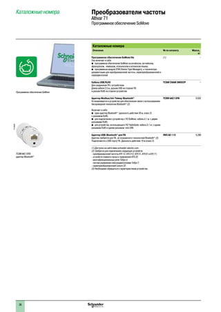 2
1
3
4
5
6
7
8
9
10
2
1
3
4
5
6
7
8
9
10
38
Каталожные номера
Описание № по каталогу Масса,
кг
Программное обеспечение SoMove lite
Оно включает в себя:
bb программное обеспечение SoMove на китайском, английском,
французском,  немецком, итальянском и испанском языках;
bb программные модули DTM (Device Type Managers)  и техническую
документацию для преобразователей частоты, сервопреобразователей и
серводвигателей
(1) –
Кабель USB/RJ45
Для соединения ПК с устройством.
Длина кабеля 2,5 м, разъем USB на стороне ПК
и разъем RJ45 на стороне устройства
TCSM CNAM 3M002P –
Адаптер Modbus/Uni-Telway-Bluetooth®
Устанавливается в устройство для обеспечения связи с использованием
беспроводной технологии Bluetooth®
(2)
Включает в себя:
bb один адаптер Bluetooth®
  (дальность действия 20 м, класс 2)  
с разъемом RJ45;
bb для подключения к устройству с ПО SoMove: кабель 0,1 м  с двумя
разъемами RJ45;
bb для устройства, использующего ПО TwidoSuite: кабель 0,1 м  с одним
разъемом RJ45 и одним разъемом  mini-DIN
TCSW AAC13FB 0,032
Адаптер USB-Bluetooth®
для ПК
Адаптер требуется для ПК, не оснащенного технологией Bluetooth®
(3)
Подключается к USB-порту ПК. Дальность действия 10 м (класс 2)
VW3 A8 115 0,290
(1) Доступно на сайте www.schneider-electric.com.
(2) Требуется для подключения следующих устройств:
- преобразователей частоты ATV 12, ATV 312, ATV 31, ATV 61 и ATV 71;
- устройств плавного пуска и торможения ATS 22;
- многофункциональных реле TeSys U;
- систем управления электродвигателями TeSys T;
- сервопреобразователей Lexium 32.
(3) Необходимо обращаться к характеристикам устройства.
Программное обеспечение SoMove
Преобразователи частоты
Altivar 71
Программное обеспечение SoMove
Каталожные номера
TCSW AAC13FB:
адаптер Bluetooth®
PF100898C
 