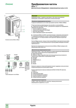 58
Описание
Преобразователь Altivar 71 разработан таким образом, чтобы отвечать всем возможным
конфигурациям, встречающимся в промышленных системах автоматизации.
Встроенные коммуникационные протоколы
Стандартный преобразователь частоты имеет два встроенных протокола - Modbus и CANopen.
ПЧ имеет два встроенных коммуникационных порта для работы по протоколу Modbus:
b	 терминальный порт Modbus типа RJ45 1, расположенный на передней части преобразователя,
предназначен для подключения:
v	 выносного графического терминала;
v	 промышленной операторской панели Magelis;
v	 диалоговых средств SoMove;
v	 средств конфигурации загрузчик и мультизагрузчик;
b	 сетевой разъем Modbus типа RJ45 2, расположенный рядом с клеммниками цепей управления
ПЧ, предназначен для управления и контроля с помощью программируемого контроллера или
другого устройства. С его помощью возможно также подключение терминала или диалоговых
средств SoMove.
Протокол CANopen доступен с помощью сетевого разъема Modbus 2 через разветвительную коробку
или адаптер CANopen 3. В этом случае для доступа по протоколу Modbus необходимо использовать
терминальный порт 1.
Характеристики коммуникационных портов для протоколов Modbus и CANopen приведены сайте
компании www.schneider-electric.com.
Дополнительные коммуникационные карты
Преобразователь Altivar 71 может также подключаться к другим промышленным коммуникационным
сетям и шинам с помощью дополнительных коммуникационных карт:
b	 Modbus TCP Daisy Chain;
b	 Modbus/Uni-Telway, которая обеспечивает дополнительные функциональные возможности
встроенных портов: Modbus ASCII и четырехпроводного RS 485;
b	 Ethernet/IP;
b	 DeviceNet;
b	 PROFIBUS DP V0 и V1;
b	 InterBus;
b	 CC-link;
b	 EtherCAT.
Возможность раздельного питания цепей управления позволяет поддерживать связь (для контроля
или диагностики) даже при отсутствии силового питания.
Основные коммуникационные функции преобразователей Altivar 58 и Altivar 58F совместимы
с ПЧ Altivar 71:
b	 подключение;
b	 коммуникационный сервис;
b	 состояние преобразователя (профиль);
b	 параметры управления и наблюдения;
b	 основные настроечные параметры.
Коммуникационный соединитель
ПЧ Altivar 71 может также подключаться к шине Fipio с помощью дополнительного
коммуникационного соединителя, см. стр. 63.
ATV 71
Пример конфигурации по шине CANopen
Датчики
ПЛК M238Magelis XBT
ATV 312
Датчик Osicoder
600267
1
2
3
537201
Встроенные протоколы Modbus и CANopen
Описание Преобразователи частоты
Altivar 71
Дополнительное оборудование: коммуникационные шины и сети
2
1
3
4
5
6
7
8
9
10
2
1
3
4
5
6
7
8
9
10
 