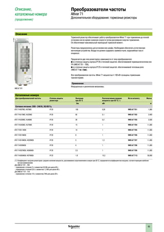 65
Описание
Тормозной резистор обеспечивает работу преобразователя Altivar 71 при торможении до полной
остановки или во время снижения скорости путем рассеивания энергии торможения.
Он обеспечивает максимальный переходный тормозной момент.
Резисторы предназначены для установки вне шкафа. Необходимо обеспечить естественную
вентиляцию устройства. Воздух не должен содержать примеси пыли, коррозийные газы и
конденсат.
Предлагается два типа резисторов в зависимости от типа преобразователя:
b со степенью защиты корпуса IP 20 и тепловой защитой, обеспечиваемой термовыключателем или
ПЧ (VW3 A7 701 - 709);
b со степенью защиты корпуса IP 23 и тепловой защитой, обеспечиваемой тепловым реле
(VW3 A7 71p и 8pp).
Все преобразователи частоты Altivar 71 мощностью y 160 кВт оснащены тормозными
транзисторами.
Применение
Инерционные и циклические механизмы.
Каталожные номера
Для преобразователей частоты Степень защиты
резистора
Значение
при 20 °C
Располагаемая средняя
мощность при 50 °C (1)
№ по каталогу Масса
Oм кВт кг
Сетевое питание: 200 - 240 В, 50/60 Гц
ATV 71H037M3, H075M3 IP 20 100 0,05 VW3 A7 701 1,900
ATV 71HU15M3, HU22M3 IP 20 60 0,1 VW3 A7 702 2,400
ATV 71HU30M3, HU40M3 IP 20 28 0,2 VW3 A7 703 3,500
ATV 71HU55M3, HU75M3 IP 20 15 1 VW3 A7 704 11,000
ATV 71HD11M3X IP 20 10 1 VW3 A7 705 11,000
ATV 71HD15M3X IP 20 8 1 VW3 A7 706 11,000
ATV 71HD18M3X, HD22M3X IP 20 5 1,3 VW3 A7 707 11,000
ATV 71HD30M3X IP 20 4 1 VW3 A7 708 11,000
ATV 71HD37M3X, HD45M3X IP 20 2,5 1 VW3 A7 709 11,000
ATV 71HD55M3X, HD75M3X IP 23 1,8 15,3 VW3 A7 713 50,000
(1) Коэффициент нагрузки резисторов: среднее значение мощности, рассеиваемое сопротивлением в кожухе при 50 °C, определяется коэффициентом нагрузки, соответствующим наиболее
частым применениям.
Для VW3 A7 701 - 709:
- торможение в течение 2 с с моментом 0,6 Мn для цикла 40 с;
- торможение в течение 0,8 с с моментом 1,5 Мn для цикла 40 с.
Для VW3 A7 710 - 718:
- торможение в течение 10 с с моментом 2 Мn для цикла 30 с.
VW3 A7 701
PF105659
Описание,
каталожные номера
(продолжение)
Преобразователи частоты
Altivar 71
Дополнительное оборудование: тормозные резисторы
 