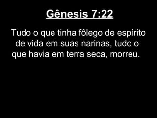 Gênesis 7:22
Tudo o que tinha fôlego de espírito
de vida em suas narinas, tudo o
que havia em terra seca, morreu.
 