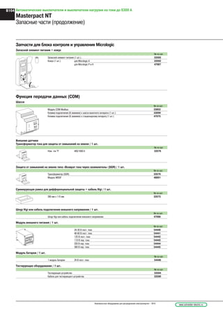 Автоматические выключатели и выключатели нагрузки на токи до 6300 А
Masterpact NT
Запасные части (продолжение)
Защита от замыканий на землю типа «Возврат тока через заземлитель» (SGR) / 1 шт.
№ по кат.
Трансформатор (SGR) 33579
Модуль MDGF 48891
Суммирующая рамка для дифференциальной защиты + кабель Vigi / 1 шт.
№ по кат.
280 мм x 115 мм 33573
Шнур Vigi или кабель подключения внешнего напряжения / 1 шт.
№ по кат.
Шнур Vigi или кабель подключения внешнего напряжения 47090
Модуль батареи / 1 шт.
№ по кат.
1 модуль батареи 24 В пост. тока 54446
Тестирующее оборудование / 1 шт.
№ по кат.
Тестирующее устройство 33594
Кабель для тестирующего устройства 33590
Запчасти для блока контроля и управления Micrologic
Запасной элемент питания + кожух
№ по кат.
Запасной элемент питания (1 шт.) 33593
Кожух (1 шт.) для Micrologic A 33592
для Micrologic P и H 47067
menu
Функция передачи данных (COM)
Шасси
№ по кат.
Модуль COM Modbus 33852
Клемма подключения (6 зажимов) к шасси выкатного аппарата (1 шт.) 33099
Клемма подключения (6 зажимов) к стационарному аппарату (1 шт.) 47075
Внешние датчики
Трансформатор тока для защиты от замыканий на землю / 1 шт.
№ по кат.
Ном. ток ТТ 400/1600 A 33576
Модуль внешнего питания / 1 шт.
№ по кат.
24-30 В пост. тока 54440
48-60 В пост. тока 54441
125 В пост. тока 54442
110 В пер. тока 54443
220 В пер. тока 54444
380 В пер. тока 54445
www.schneider-electric.ruНизковольтное оборудование для распределения электроэнергии – 2010
B164
 