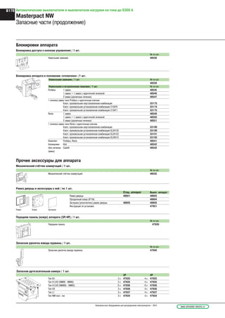 Автоматические выключатели и выключатели нагрузки на токи до 6300 А
Masterpact NW
Запасные части (продолжение)
Блокировки аппарата
Блокировка доступа к кнопкам управления / 1 шт.
№ по кат.
Навесными замками 48536
Блокировка аппарата в положении «отключено» /1 шт.
Навесными замками / 1 шт. № по кат.
48539
Навесными и встроенными замками / 1 шт. № по кат.
Profalux 1 замок 48545
1 замок + 1 замок с идентичной личинкой 48546
2 замка (различные личинки) 48547
1 личинка замка типа Profalux с идентичным ключом:
Ключ: произвольная неустановленная комбинация 33173
Ключ: произвольная установленная комбинация 215470 33174
Ключ: произвольная установленная комбинация 215471 33175
Ronis 1 замок 48549
1 замок + 1 замок с идентичной личинкой 48550
2 замка (различные личинки) 48551
1 личинка замка типа Ronis с идентичным ключом:
Ключ: произвольная неустановленная комбинация 33189
Ключ: произвольная установленная комбинация EL24135 33190
Ключ: произвольная установленная комбинация EL24153 33191
Ключ: произвольная установленная комбинация EL24315 33192
Комплект Profalux, Ronis 48541
блокировки Kirk 48542
(без личинки Castell 48543
замка)
Прочие аксессуары для аппарата
Механический счётчик коммутаций / 1 шт.
№ по кат.
Механический счётчик коммутаций 48535
Рамка дверцы и аксессуары к ней / по 1 шт.
Стац. аппарат Выкат. аппарат
Рамка дверцы 48601 48603
Прозрачный кожух (IP 54) 48604
Заглушка (уплотнитель) рамки дверцы 48605 48605
Инструкция по установке 47951
Рамка Кожух Заглушка
Передняя панель (кожух) аппарата (3Р/4Р) / 1 шт.
№ по кат.
Передняя панель 47939
Запасная рукоятка взвода пружины / 1 шт.
№ по кат.
Запасная рукоятка взвода пружины 47940
Запасная дугогасительная камера / 1 шт.
3P 4P
Тип N1 3 x 47935 4 x 47935
Тип H1/H2 (NW08 - NW40) 3 x 47935 4 x 47935
Тип H1/H2 (NW40b - NW63) 6 x 47936 8 x 47936
Тип H3 3 x 47936 4 x 47936
Тип L1 3 x 47937 4 x 47937
Тип NW пост. ток 3 x 47934 4 x 47934
www.schneider-electric.ruНизковольтное оборудование для распределения электроэнергии – 2010
B178
 