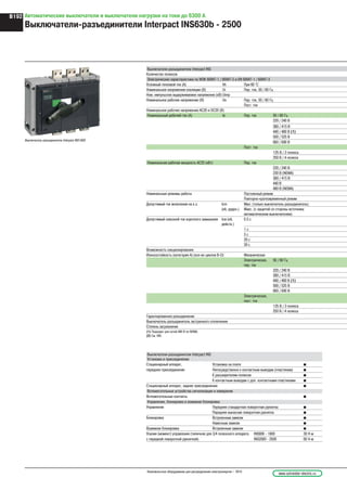 Выключатель-разъединитель Interpact INS1600
Выключатели-разъединители Interpact INS
Установка и присоединение
Стационарный аппарат, Установка на плате b
переднее присоединение Непосредственно к контактным выводам (пластинам) b
К расширителям полюсов b
К контактным выводам с доп. контактными пластинами b
Стационарный аппарат, заднее присоединение b
Вспомогательные устройства сигнализации и измерения
Вспомогательные контакты b
Управление, блокировка и взаимная блокировка
Управление Передняя стандартная поворотная рукоятка b
Передняя выносная поворотная рукоятка b
Блокировка Встроенным замком b
Навесным замком b
Взаимная блокировка Встроенным замком b
Усилие (момент) управления (типичное для 3/4 полюсного аппарата INS800 - 1600 30 Н·м
с передней поворотной рукояткой) INS2000 - 2500 60 Н·м
Выключатели-разъединители Interpact INS
Количество полюсов
Электрические характеристики по МЭК 60947-1 / 60947-3 и EN 60947-1 / 60947-3
Условный тепловой ток (A) Ith При 60 °C
Номинальное напряжение изоляции (В) Ui Пер. ток, 50 / 60 Гц
Ном. импульсное выдерживаемое напряжение (кВ) Uimp
Номинальное рабочее напряжение (В) Ue Пер. ток, 50 / 60 Гц
Пост. ток
Номинальное рабочее напряжение AC20 и DC20 (В)
Номинальный рабочий ток (A) Ie Пер. ток 50 / 60 Гц
220 / 240 В
380 / 415 В
440 / 480 В (1)
500 / 525 В
660 / 690 В
Пост. ток
125 В / 2 полюса
250 В / 4 полюса
Номинальная рабочая мощность АС23 (кВт) Пер. ток
220 / 240 В
230 В (NEMA)
380 / 415 В
440 В
480 В (NEMA)
Номинальные режимы работы Постоянный режим
Повторно-кратковременный режим
Допустимый ток включения на к.з. Icm Мин. (только выключатель-разъединитель)
(кА, ударн.) Макс. (с защитой со стороны источника
автоматическим выключателем)
Допустимый сквозной ток короткого замыкания Icw (кА,
действ.)
0.5 с
1 с
3 с
20 с
30 с
Возможность секционирования
Износостойкость (категория А) (кол-во циклов В-О) Механическая
Электрическая,
пер. ток
50 / 60 Гц
220 / 240 В
380 / 415 В
440 / 480 В (1)
500 / 525 В
660 / 690 В
Электрическая,
пост. ток
125 В / 2 полюса
250 В / 4 полюса
Гарантированное разъединение
Выключатель-разъединитель экстренного отключения
Степень загрязнения
(1) Подходит для сетей 480 В по NEMA.
(2) См. INV.
Автоматические выключатели и выключатели нагрузки на токи до 6300 А
Выключатели-разъединители Interpact INS630b - 2500
www.schneider-electric.ruНизковольтное оборудование для распределения электроэнергии – 2010
B192
 