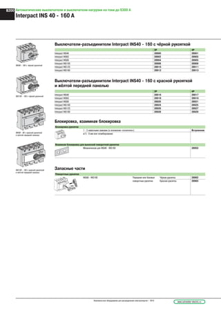 N
.1
.2
.4
55 88ØØ
Автоматические выключатели и выключатели нагрузки на токи до 6300 А
Interpact INS 40 - 160 A
3P 4P
Interpact INS40 28900 28901
Interpact INS63 28902 28903
Interpact INS80 28904 28905
Interpact INS100 28908 28909
Interpact INS125 28910 28911
Interpact INS160 28912 28913
Выключатели-разъединители Interpact INS40 - 160 с чёрной рукояткой
Выключатели-разъединители Interpact INS40 - 160 с красной рукояткой
и жёлтой передней панелью
3P 4P
Interpact INS40 28916 28917
Interpact INS63 28918 28919
Interpact INS80 28920 28921
Interpact INS100 28924 28925
Interpact INS125 28926 28927
Interpact INS160 28928 28929
N
.1
.2
.4
или
Запасные части
INS40 - 160 с чёрной рукояткой
N
.1
.2
INS100 - 160 с чёрной рукояткой
N
.1
.2
INS40 - 80 с красной рукояткой
и жёлтой передней панелью
.1
.2
.4
N
INS100 - 160 с красной рукояткой
и жёлтой передней панелью
.1
.2
.4
Блокировка, взаимная блокировка
Поворотные рукоятки
INS40 - INS160 Передние или боковые Чёрная рукоятка 28962
поворотные рукоятки Красная рукоятка 28963
Блокировка рукоятки
1 - 3 навесными замками (в положении «отключено») Встроенная
ø 5 - 8 мм или пломбирование
Взаимная блокировка для выносной поворотной рукоятки
Механическая для INS40 - INS160 28953
www.schneider-electric.ruНизковольтное оборудование для распределения электроэнергии – 2010
B200
 