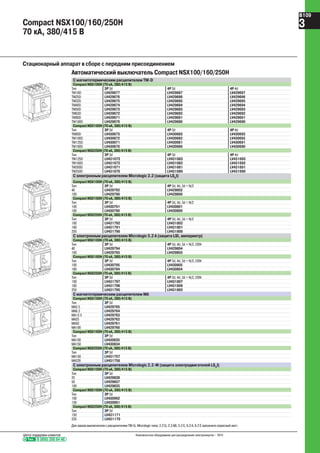 Стационарный аппарат в сборе с передним присоединением
Compact NSX100/160/250H
70 кА, 380/415 В
Автоматический выключатель Compact NSX100/160/250H
С магнитотермическим расцепителем TM-D
Compact NSX100H (70 кА, 380/415 В)
Тип 3P 3d 4P 3d 4P 4d
TM16D LV429677 LV429687 LV429697
TM25D LV429676 LV429686 LV429696
TM32D LV429675 LV429685 LV429695
TM40D LV429674 LV429684 LV429694
TM50D LV429673 LV429683 LV429693
TM63D LV429672 LV429682 LV429692
TM80D LV429671 LV429681 LV429691
TM100D LV429670 LV429680 LV429690
Compact NSX160H (70 кА, 380/415 В)
Тип 3P 3d 4P 3d 4P 4d
TM80D LV430673 LV430683 LV430693
TM100D LV430672 LV430682 LV430692
TM125D LV430671 LV430681 LV430691
TM160D LV430670 LV430680 LV430690
Compact NSX250H (70 кА, 380/415 В)
Тип 3P 3d 4P 3d 4P 4d
TM125D LV431673 LV431683 LV431693
TM160D LV431672 LV431682 LV431692
TM200D LV431671 LV431681 LV431691
TM250D LV431670 LV431680 LV431690
С электронным расцепителем Micrologic 2.2 (защита LSO
I)
Compact NSX100H (70 кА, 380/415 В)
Тип 3P 3d 4P 3d, 4d, 3d + N/2
40 LV429792 LV429802
100 LV429790 LV429800
Compact NSX160H (70 кА, 380/415 В)
Тип 3P 3d 4P 3d, 4d, 3d + N/2
100 LV430791 LV430801
160 LV430790 LV430800
Compact NSX250H (70 кА, 380/415 В)
Тип 3P 3d 4P 3d, 4d, 3d + N/2
100 LV431792 LV431802
160 LV431791 LV431801
250 LV431790 LV431800
С электронным расцепителем Micrologic 5.2 A (защита LSI, амперметр)
Mode
OK
Compact NSX100H (70 кА, 380/415 В)
Тип 3P 3d 4P 3d, 4d, 3d + N/2, OSN
40 LV429794 LV429804
100 LV429793 LV429803
Compact NSX160H (70 кА, 380/415 В)
Тип 3P 3d 4P 3d, 4d, 3d + N/2, OSN
100 LV430795 LV430805
160 LV430794 LV430804
Compact NSX250H (70 кА, 380/415 В)
Тип 3P 3d 4P 3d, 4d, 3d + N/2, OSN
100 LV431797 LV431807
160 LV431796 LV431806
250 LV431795 LV431805
С магнитотермическим расцепителем MA
Compact NSX100H (70 кА, 380/415 В)
Тип 3P 3d
MA2.5 LV429765
MA6.3 LV429764
MA12.5 LV429763
MA25 LV429762
MA50 LV429761
MA100 LV429760
Compact NSX160H (70 кА, 380/415 В)
Тип 3P 3d
MA100 LV430835
MA150 LV430834
Compact NSX250H (70 кА, 380/415 В)
Тип 3P 3d
MA150 LV431757
MA220 LV431756
С электронным расцепителем Micrologic 2.2-M (защита электродвигателей LSO
I)
Compact NSX100H (70 кА, 380/415 В)
Тип 3P 3d
25 LV429838
50 LV429837
100 LV429835
Compact NSX160H (70 кА, 380/415 В)
Тип 3P 3d
100 LV430992
150 LV430991
Compact NSX250H (70 кА, 380/415 В)
Тип 3P 3d
150 LV431171
220 LV431170
Для заказа выключателя с расцепителем TM-G, Micrologic типа: 2.2 G, 2.2 AB, 5.2 E, 6.2 A, 6.2 E заполните опросный лист.
Тел. 8 (800) 200 64 46
Центр поддержки клиентов Низковольтное оборудование для распределения электроэнергии – 2010
B109
3
 