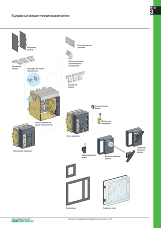 I
p u s h O N
O O F F
d is ch arg ed
01253
O
p u s h O F F
trip p ed
res et
I o n
tripped
reset
0 O F F
I o n
tripped
rese
t
0 O F F
Шасси с передним или
задним присоединением
Расширители
полюсов
Разделители
полюсов
Аксессуары для заднего
присоединения
Ручное управление
Электрическое управление
Пластина переходник
для вертикального
присоединения
Контактная пластина
для кабеля
Расширители
полюсов
Рамки дверцы
Вспомогательный
контакт
Расцепитель
напряжения
Выносная поворотная
рукоятка
Стандартная
поворотная
рукоятка
Коммуникационный
модуль
Прозрачный кожух
Выдвижные автоматические выключатели
Тел. 8 (800) 200 64 46
Центр поддержки клиентов Низковольтное оборудование для распределения электроэнергии – 2010
B137
3
 
