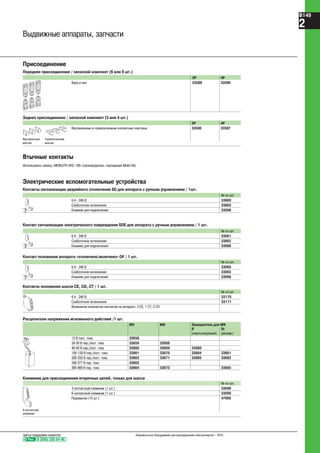 Выдвижные аппараты, запчасти
Присоединение
Переднее присоединение / запасной комплект (6 или 8 шт.)
3P 4P
Верх и низ 33588 33589
Заднее присоединение / запасной комплект (3 или 4 шт.)
3P 4P
Вертикальные и горизонтальные контактные пластины 33586 33587
Вертикальный Горизонтальный
монтаж монтаж
Втычные контакты
Использовать смазку «MOBILITH SHC 100» (производитель: корпорация Mobil Oil).
Электрические вспомогательные устройства
Контакты сигнализации аварийного отключения SD для аппарата с ручным управлением / 1шт.
№ по кат.
6 A - 240 В 33800
Слаботочное исполнение 33803
Клемник для подключения 33098
Контакт сигнализации электрического повреждения SDE для аппарата с ручным управлением / 1 шт.
№ по кат.
6 A - 240 В 33061
Слаботочное исполнение 33802
Клемник для подключения 33098
Контакт положения аппарата «отключено/включено» OF / 1 шт.
№ по кат.
6 A - 240 В 33060
Слаботочное исполнение 33063
Клемник для подключения 33098
Контакты положения шасси CE, CD, CT / 1 шт.
№ по кат.
6 A - 240 В 33170
Слаботочное исполнение 33171
Возможное количество контактов на аппарате: 3 CE, 1 CT, 2 CD
Расцепители напряжения мгновенного действия /1 шт.
MX MN Замедлитель для MN
R Rr
(нерегулируемый) (регулир.)
12 В пост. тока 33658
24-30 В пер./пост. тока 33659 33668
48-60 В пер./пост. тока 33660 33669 33680
100-130 В пер./пост. тока 33661 33670 33684 33681
200-250 В пер./пост. тока 33662 33671 33685 33682
240-277 В пер. тока 33663
380-480 В пер. тока 33664 33673 33683
Клеммник для присоединения вторичных цепей, только для шасси
№ по кат.
3-контактный клеммник (1 шт.) 33098
6-контактный клеммник (1 шт.) 33099
Перемычки (10 шт.) 47900
6-контактный
клеммник
Тел. 8 (800) 200 64 46
Центр поддержки клиентов Низковольтное оборудование для распределения электроэнергии – 2010
B149
2
 