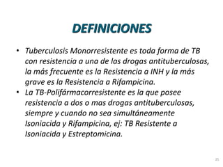 25
• Tuberculosis Monorresistente es toda forma de TB
con resistencia a una de las drogas antituberculosas,
la más frecuente es la Resistencia a INH y la más
grave es la Resistencia a Rifampicina.
• La TB-Polifármacorresistente es la que posee
resistencia a dos o mas drogas antituberculosas,
siempre y cuando no sea simultáneamente
Isoniacida y Rifampicina, ej: TB Resistente a
Isoniacida y Estreptomicina.
DEFINICIONES
 