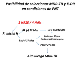 Posibilidad de seleccionar MDR-TB y X-DR
en condiciones de PNT
2 HRZE / 4 H3R3
R. Inicial H
Bk (-) 2º Mes
Bk (+) 2º Mes
>>% CURACION
Prolongar 1ª fase
hasta negativizar esputo
Pasar 2ª Fase
Alto Riesgo MDR-TB
 