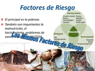El principal es la pobreza
También son importantes la
malnutrición, el
hacinamiento, problemas de
saneamiento y el VIH/SIDA.
Factores de Riesgo
 