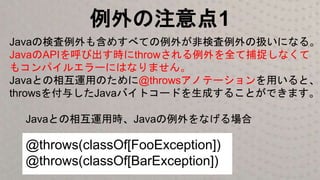 例外の注意点1
Javaの検査例外も含めすべての例外が非検査例外の扱いになる。
JavaのAPIを呼び出す時にthrowされる例外を全て捕捉しなくて
もコンパイルエラーにはなりません。
Javaとの相互運用のために@throwsアノテーションを用いると、
throwsを付与したJavaバイトコードを生成することができます。
@throws(classOf[FooException])
@throws(classOf[BarException])
Javaとの相互運用時、Javaの例外をなげる場合
 