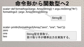 命令形から関数型へ2
scala> def formatArgs3(args: Array[String]) = args.mkString("¥n")
formatArgs3: (args: Array[String])String
scala> println(formatArgs3(Array("zero", "one", "two")))
zero
one
two
String型
String型を受取り、
受け取り手が標準出力を実施する。
 