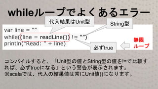 whileループでよくあるエラー
var line = “”
while((line = readLine()) != “”)
println(“Read: ” + line)
コンパイルすると、「Unit型の値とString型の値を!=で比較す
れば、必ずtrueになる」という警告が表示されます。
※scalaでは、代入の結果値は常にUnit値()になります。
代入結果はUnit型
必ずtrue
String型
無限
ループ
 