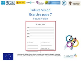 This project has received funding from the European Union’s Seventh Framework Programme
for research, technological development and demonstration under grant agreement No 643330
Future Vision
Exercise page 7
Future Vision
 