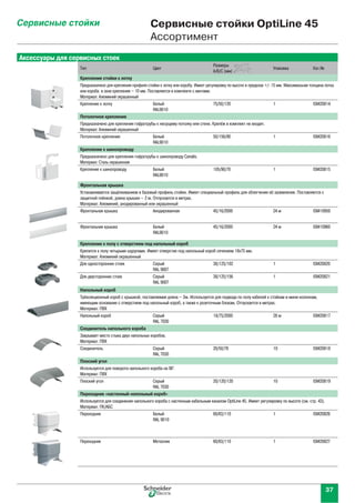 37
Ñåðâèñíûå ñòîéêè Сервисные стойки OptiLine 45
Ассортимент
Аксессуары для сервисных стоек
Тип Цвет
Размеры
A/B/C (мм)
Упаковка Кат.№
Крепление стойки к лотку
Предназначено для крепления профиля стойки к лотку или коробу. Имеет регулировку по высоте в пределах +/- 15 мм. Максимальная толщина лотка
или короба в зоне крепления – 10 мм. Поставляется в комплекте с винтами.
Материал: Алюминий окрашенный
Крепление к лотку Белый
RAL9010
75/50/120 1 ISM20814
Потолочное крепление
Предназначено для крепления гофротрубы к несущему потолку или стене. Крепёж в комплект не входит.
Материал: Алюминий окрашенный
Потолочное крепление Белый
RAL9010
50/156/90 1 ISM20816
Крепление к шинопроводу
Предназначено для крепления гофротрубы к шинопроводу Canalis.
Материал: Сталь окрашенная
Крепление к шинопроводу Белый
RAL9010
105/90/70 1 ISM20815
Фронтальная крышка
Устанавливается защёлкиванием в базовый профиль стойки. Имеет специальный профиль для облегчения её заземления. Поставляется с
защитной плёнкой, длина крышки – 2 м. Отпускается в метрах.
Материал: Алюминий, анодированный или окрашенный
Фронтальная крышка Анодированная 45/16/2000 24 м ISM10950
Фронтальная крышка Белый
RAL9010
45/16/2000 24 м ISM10960
Крепление к полу с отверстием под напольный короб
Крепится к полу четырьмя шурупами. Имеет отверстие под напольный короб сечением 18х75 мм.
Материал: Алюминий окрашенный
Для односторонних стоек Серый
RAL 9007
38/125/102 1 ISM20820
Для двусторонних стоек Серый
RAL 9007
38/125/156 1 ISM20821
Напольный короб
Трёхсекционный короб с крышкой, поставляемая длина – 2м. Используется для подвода по полу кабелей к стойкам и мини-колоннам,
имеющим основание с отверстием под напольный короб, а также к розеточным блокам. Отпускается в метрах.
Материал: ПВХ
Напольный короб Серый
RAL 7030
18/75/2000 28 м ISM20817
Соединитель напольного короба
Закрывает место стыка двух напольных коробов.
Материал: ПВХ
Соединитель Серый
RAL 7030
20/50/78 10 ISM20818
Плоский угол
Используется для поворота напольного короба на 90°.
Материал: ПВХ
Плоский угол Серый
RAL 7030
20/120/120 10 ISM20819
Переходник «настенный-напольный короб»
Используется для соединения напольного короба с настенным кабельным каналом OptiLine 45. Имеет регулировку по высоте (см. стр. 43).
Материал: ПК/АБС
Переходник Белый
RAL 9010
60/63/110 1 ISM20826
Переходник Металлик 60/63/110 1 ISM20827
 