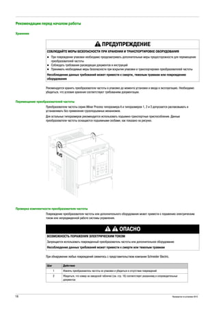 18 Руководство по установке 2015
Рекомендации перед началом работы
Хранение
Рекомендуется хранить преобразователи частоты в упаковке до момента установки и ввода в эксплуатацию. Необходимо
убедиться, что условия хранения соответствуют требованиям документации.
Перемещение преобразователей частоты
Преобразователи частоты серии Altivar Process типоразмера A и типоразмеров 1, 2 и 3 допускается распаковывать и
устанавливать без применения грузоподъемных механизмов.
Для остальных типоразмеров рекомендуется использовать подъемно-транспортные приспособления. Данные
преобразователи частоты оснащаются подъемными скобами, как показано на рисунке.
Проверка комплектности преобразователя частоты
Повреждение преобразователя частоты или дополнительного оборудования может привести к поражению электрическим
током или непредвиденной работе системы управления.
При обнаружении любых повреждений свяжитесь с представительством компании Schneider Electric.
ПРЕДУПРЕЖДЕНИЕ
СОБЛЮДАЙТЕ МЕРЫ БЕЗОПАСНОСТИ ПРИ ХРАНЕНИИ И ТРАНСПОРТИРОВКЕ ОБОРУДОВАНИЯ
При повреждении упаковки необходимо предусматривать дополнительные меры предосторожности для перемещения
преобразователей частоты
Соблюдать требования руководящих документов и инструкций
Принимать необходимые меры безопасности при вскрытии упаковки и транспортировке преобразователей частоты
Несоблюдение данных требований может привести к смерти, тяжелым травмам или повреждению
оборудования
ОПАСНО
ВОЗМОЖНОСТЬ ПОРАЖЕНИЯ ЭЛЕКТРИЧЕСКИМ ТОКОМ
Запрещается использовать поврежденный преобразователь частоты или дополнительное оборудование
Несоблюдение данных требований может привести к смерти или тяжелым травмам
Шаг Действие
1 Извлечь преобразователь частоты из упаковки и убедиться в отсутствии повреждений
2 Убедиться, что номер на заводской табличке (см. стр. 16) соответствует указанному в сопроводительных
документах
 