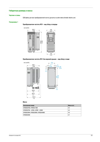 Руководство по установке 2015 23
Габаритные размеры и масса
Чертежи и схемы
CAD файлы для всех преобразователей частоты доступны на сайте www.schneider-electric.com.
Типоразмер 1
Преобразователи частоты IP21 - вид сбоку и спереди
Преобразователи частоты IP21 без верхней крышки - вид сбоку и сзади
Масса
Каталожный номер Масса (кг)
ATV630U07M3, ATV630U15M3 4.3
ATV630U07N4 - U22N4, U22M3 - U30M3 4.5
ATV630U30N4, ATV630U40N4, ATV630U40M3 4.6
ATV630U55N4 4.7
 