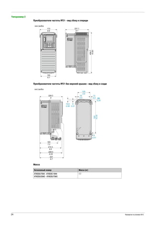 24 Руководство по установке 2015
Типоразмер 2
Преобразователи частоты IP21 - вид сбоку и спереди
Преобразователи частоты IP21 без верхней крышки - вид сбоку и сзади
Масса
Каталожный номер Масса (кг)
ATV630U75N4 - ATV630C16N4
ATV630U55M3 - ATV630U75M3
7.7
 