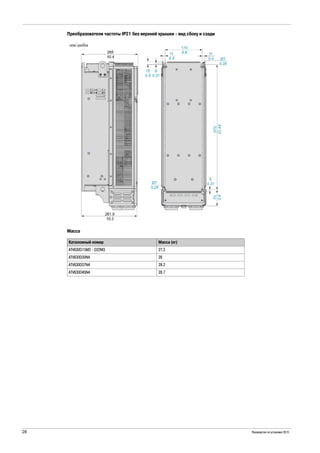 28 Руководство по установке 2015
Преобразователи частоты IP21 без верхней крышки - вид сбоку и сзади
Масса
Каталожный номер Масса (кг)
ATV630D15M3 - D22M3 27.3
ATV630D30N4 28
ATV630D37N4 28.2
ATV630D45N4 28.7
 