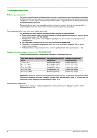 68 Руководство по установке 2015
Ограничение длины кабеля
Проблема “длинного кабеля”
При большой длине кабеля между преобразователем частоты и двигателем, вследствие физических процессов, происходящих
в кабеле, амплитуда импульсов напряжения на клеммах двигателя может превышать двойное напряжение звена постоянного
тока. Величина и высокая скорость нарастания импульсов могут привести к повреждению изоляции обмоток двигателя и его
преждевременному выходу из строя.
Программная функция ограничения перенапряжения двигателя позволяет уменьшить амплитуду импульсов до двойного
напряжения звена постоянного тока и несколько увеличить максимально допустимую длину кабеля.
Перечень мерприятий по увеличению срока службы двигателей
Для увеличения срока службы двигателя необходимо выполнять следующие несложные требования:
Должны применяться электродвигатели, спроектированные для работы с преобразователями частоты (двигатели должны
соответствовать стандарту МЭК (IEC) 60034-25)
Преобразователь частоты должен иметь интегрированную программную функцию ограничения перенапряжения на
клеммах двигателя
Расстояние между преобразователем частоты и двигателем должно быть минимальным
Рекомендуется использовать неэкранированный кабель, если это не противоречит требованиям ЭМС для данной
технологической установки
Необходимо снижать частоту коммутации силовых элементов преобразователя частоты (рекомендуется 2.5 кГц)
Предварительные рекомендации в соответствии с МЭК (IEC) 60034-25
Предварительные рекомендации по длинам кабеля в зависимости от применяемого двигателя:
Примечание: При выборе дополнительного оборудования необходимо учитывать, что применение экранированного кабеля
сокращает его максимально допустимую длину вдвое. Например, длина неэкранированного кабеля 200 м соответствует при
аналогичных условиях применения длине экранированного кабеля 100 м.
Дополнительная информация
Дополнительная информация по выбору преобразователей частоты и опционального оборудования доступна на сайте
www.schneider-electric.com.
Длина кабеля двигателя (неэкранированный
кабель)
Двигатель соответствует МЭК
(IEC) 60034-25
Двигатель не соответствует
МЭК (IEC) 60034-25
1 м < Lm < 50 м Фильтр dU/dt не требуется Установка фильтра dU/dt
50 м < Lm < 100 м Фильтр dU/dt не требуется Установка синус-фильтра
100 м < Lm < 300 м Фильтр dU/dt не требуется Установка синус-фильтра
300 м < Lm < 500 м Установка фильтра dU/dt Установка синус-фильтра
500 м < Lm < 1000 м Установка синус-фильтра Установка синус-фильтра
 