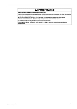 Руководство по установке 2015 7
ПРЕДУПРЕЖÄЕНИЕ
НЕКОНТРОЛИРУЕМОЕ ВРАЩЕНИЕ ЭЛЕКТРОДВИГАТЕЛЯ
Привод может перейти в неконтролируемое движение в результате неправильного подключения, настройки, некорректных
исходных данных, либо в рузультате иных причин
Все подключения должны выполняться в соответствии с требованиями электромагнитной совместимости
Запрещается эксплуатировать оборудование при некорректных или неполных исходных данных
Процедура ввода в эксплуатацию должна выполняться в полном объеме
Несоблюдение данных требований может привести к смерти, тяжелым травмам или повреждению
оборудования
 