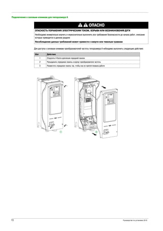 72 Руководство по установке 2015
Подключение к силовым клеммам для типоразмера А
Для доступа к силовым клеммам преобразователей частоты типоразмера А небходимо выполнить следующие действия:
ОПАСНО
ОПАСНОСТЬ ПОРАЖЕНИЯ ЭЛЕКТРИЧЕСКИМ ТОКОМ, ВЗРЫВА ИЛИ ВОЗНИКНОВЕНИЯ ДУГИ
Необходимо внимательно изучить и неукоснительно выполнять все требования безопасности до начала работ, описание
которых приводится в данном разделе
Несоблюдение данных требований может привести к смерти или тяжелым травмам
Шаг Действие
1 Открутить 4 болта крепления передней панели
2 Разъединить переднюю панель и корпус преобразователя частоты
3 Разместить переднюю панель так, чтобы она не препятствовала работе
 