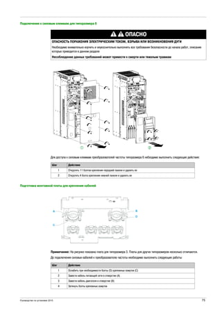 Руководство по установке 2015 75
Подключение к силовым клеммам для типоразмера 6
Для доступа к силовым клеммам преобразователей частоты типоразмера 6 небходимо выполнить следующие действия:
Подготовка монтажной платы для крепления кабелей
Примечание: На рисунке показана плата для типоразмера 3. Платы для других типоразмеров несколько отличаются.
До подключения силовых кабелей к преобразователю частоты необходимо выполнить следующие работы:
ОПАСНО
ОПАСНОСТЬ ПОРАЖЕНИЯ ЭЛЕКТРИЧЕСКИМ ТОКОМ, ВЗРЫВА ИЛИ ВОЗНИКНОВЕНИЯ ДУГИ
Необходимо внимательно изучить и неукоснительно выполнять все требования безопасности до начала работ, описание
которых приводится в данном разделе
Несоблюдение данных требований может привести к смерти или тяжелым травмам
Шаг Действие
1 Открутить 11 болтов крепления передней панели и удалить ее
2 Открутить 4 болта крепления нижней панели и удалить ее
Шаг Действие
1 Ослабить при необходимости болты (D) крепежных хомутов (C)
2 Завести кабель питающей сети в отверстие (A)
3 Завести кабель двигателя в отверстие (B)
4 Затянуть болты крепежных хомутов
 