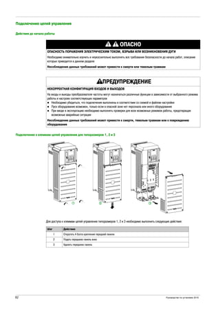 82 Руководство по установке 2015
Подключение цепей управления
Действия до начала работы
Подключение к клеммам цепей управления для типоразмеров 1, 2 и 3
Для доступа к клеммам цепей управления типоразмеров 1, 2 и 3 необходимо выполнить следующие действия:
ОПАСНО
ОПАСНОСТЬ ПОРАЖЕНИЯ ЭЛЕКТРИЧЕСКИМ ТОКОМ, ВЗРЫВА ИЛИ ВОЗНИКНОВЕНИЯ ДУГИ
Необходимо внимательно изучить и неукоснительно выполнять все требования безопасности до начала работ, описание
которых приводится в данном разделе
Несоблюдение данных требований может привести к смерти или тяжелым травмам
ПРЕДУПРЕЖДЕНИЕ
НЕКОРРЕКТНАЯ КОНФИГУРАЦИЯ ВХОДОВ И ВЫХОДОВ
На входы и выходы преобразователя частоты могут назначаться различные функции в зависимости от выбранного режима
работы и настроек соответствующих параметров
Необходимо убедиться, что подключения выполнены в соответствии со схемой и файлом настройки
Пуск оборудования возможен, только если в опасной зоне нет персонала или иного оборудования
При вводе в эксплуатацию необходимо выполнять проверки для всех возможных режимов работы, предотвращая
возможные аварийные ситуации
Несоблюдение данных требований может привести к смерти, тяжелым травмам или к повреждению
оборудования
Шаг Действие
1 Открутить 4 болта крепления передней панели
2 Подать переднюю панель вниз
3 Удалить переднюю панель
 