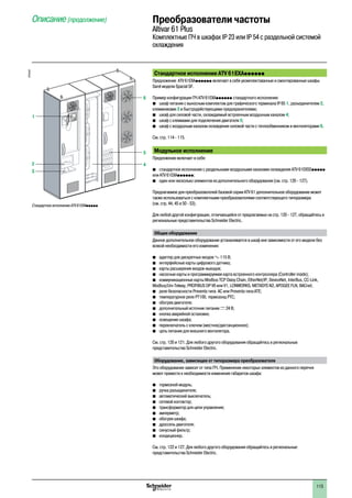 113
Преобразователи частоты
Altivar 61 Plus
Комплектные ПЧ в шкафах IP 23 или IP 54 с раздельной системой
охлаждения
Описание (продолжение)
Стандартное исполнение ATV 61EXApppppp
Предложение ATV 61EXApppppp включает в себя укомплектованные и смонтированные шкафы
Sarel модели Spacial SF.
Пример конфигурации ПЧ ATV 61EXApppppp стандартного исполнения:
bb шкаф питания с выносным комплектом для графического терминала IP 65 1, разъединителем 2,
клеммниками 3 и быстродействующими предохранителями;
bb шкаф для силовой части, охлаждаемый встроенным воздушным каналом 4;
bb шкаф с клеммами для подключения двигателя 5;
bb шкаф с воздушным каналом охлаждения силовой части с теплообменником и вентиляторами 6.
См. стр. 114 - 115.
Модульное исполнение
Предложение включает в себя:
bb стандартное исполнение с раздельными воздушными каналами охлаждения ATV 61EXS5ppppp
или ATV 61EXApppppp;
bb один или несколько элементов из дополнительного оборудования (см. стр. 120 - 127).
Предлагаемое для преобразователей базовой серии ATV 61 дополнительное оборудование может
также использоваться с комплектными преобразователями соответствующего типоразмера
(см. стр. 44, 45 и 50 - 53).
Для любой другой конфигурации, отличающейся от предлагаемых на стр. 120 - 127, обращайтесь в
региональные представительства Schneider Electric.
Общее оборудование
Данное дополнительное оборудование устаналивается в шкаф вне зависимости от его модели без
всякой необходимости его изменения:
b	 адаптер для дискретных входов a 115 В;
b	 интерфейсные карты цифрового датчика;
b	 карты расширения входов-выходов;
b	 насосные карты и программируемая карта встроенного контроллера (Controller inside);
b	 коммуникационные карты Modbus TCP Daisy Chain, EtherNet/IP, DeviceNet, InterBus, CC-Link,
Modbus/Uni-Telway, Profibus DP V0 или V1, LONWORKS, METASYS N2, APOGEE FLN, BACnet;
bb реле безопасности Preventa типа AC или Preventa типа ATE;
bb температурное реле PT100, термозонд PTC;
b	 обогрев двигателя;
b	 дополнительный источник питания c 24 В;
b	 кнопка аварийной остановки;
b	 освещение шкафа;
b	 переключатель с ключом (местное/дистанционное);
b	 цепь питания для внешнего вентилятора.
См. стр. 120 и 121. Для любого другого оборудования обращайтесь в региональные
представительства Schneider Electric.
Оборудование, зависящее от типоразмера преобразователя
Это оборудование зависит от типа ПЧ. Применение некоторых элементов из данного перечня
может привести к необходимости изменения габаритов шкафа:
b	 тормозной модуль;
b	 ручка разъединителя;
b	 автоматический выключатель;
b	 сетевой контактор;
b	 трансформатор для цепи управления;
b	 амперметр;
b	 обогрев шкафа;
b	 дроссель двигателя;
b	 синусный фильтр;
b	 кондиционер.
См. стр. 122 и 127. Для любого другого оборудования обращайтесь в региональные
представительства Schneider Electric.
Стандартное исполнение ATV 61EXAppppp
5
2
3
1
6
4
DF504397
2
1
3
4
5
6
7
8
9
10
2
1
3
4
5
6
7
8
9
10
 