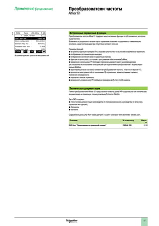 2
1
3
4
5
6
7
8
9
10
2
1
3
4
5
6
7
8
9
10
1717
Встроенные сервисные функции
Преобразователь частоты Altivar 61 содержит многочисленные функции по обслуживанию, контролю
и диагностике.
Возможность раздельного питания карты управления позволяет поддерживать коммуникацию
(контроль и диагностика) даже при отсутствии силового питания.
Примеры функций:
b встроенные функции проверки ПЧ с экранами диагностики на выносном графическом терминале;
b отображение состояния входов-выходов;
b отображение состояния связи по различным портам;
b функция осциллографа, доступная с программным обеспечением SoMove;
b управление несколькими ПЧ благодаря перезаписываемой памяти микропроцессора;
дистанционное использование этих функций при подключении преобразователя к модему через
разъем Modbus;
b идентификация всех составных элементов преобразователя частоты, в частности версии ПО;
b хронология неисправностей со значениями 16 переменных, зафиксированных в момент
появления неисправности;
b перезапись языков терминала;
b возможность сохранения в ПЧ сообщения размером до 5 строк по 24 символа.
Техническая документация
Гамма преобразователей Altivar 61 представлена также на диске DVD содержащем всю техническую
документацию на приводную технику компании Schneider Electric.
Диск DVD содержит:
bb техническую документацию (руководства по программированию, руководства по установке,
сервисные инструкции);
bb брошюры;
bb каталоги.
Содержимое диска DVD Rom также доступно на сайте компании www.schneider-electric.com.
Описание № по каталогу Масса,
кг
DVD Rom “Предложение по приводной технике”  VW3 A8 200 0,100
Применение (продолжение) Преобразователи частоты
Altivar 61537165
Встроенная функция: хронология неисправностей
 