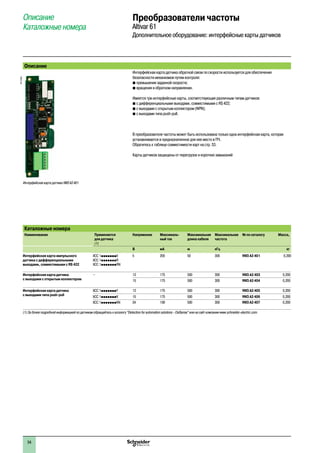 Преобразователи частоты
Altivar 61
Дополнительное оборудование: интерфейсные карты датчиков
Описание
Каталожные номера
Описание
Интерфейсная карта датчика обратной связи по скорости используется для обеспечения
безопасности механизмов путем контроля:
b превышения заданной скорости;
b вращения в обратном направлении.
Имеется три интерфейсные карты, соответствующие различным типам датчиков:
b с дифференциальными выходами, совместимыми с RS 422;
b с выходами с открытым коллектором (NPN);
b с выходами типа push-pull.
В преобразователе частоты может быть использована только одна интерфейсная карта, которая
устанавливается в предназначенное для нее место в ПЧ.
Обратитесь к таблице совместимости карт на стр. 53.
Карты датчиков защищены от перегрузок и коротких замыканий
Каталожные номера
Наименование Применяется
для датчика
(1)
Напряжение Максималь-
ный ток
Максимальная
длина кабеля
Максимальная
частота
№ по каталогу Масса,
В мA м кГц кг
Интерфейсная карта импульсного
датчика с дифференциальными
выходами, совместимыми с RS 422
XCC 1pppppppX
XCC 1pppppppR
XCC 1pppppppRN
5 200 50 300 VW3 A3 401 0,200
Интерфейсная карта датчика
с выходами с открытым коллектором
– 12 175 500 300 VW3 A3 403 0,200
15 175 500 300 VW3 A3 404 0,200
Интерфейсная карта датчика
с выходами типа push-pull
XCC 1pppppppY 12 175 500 300 VW3 A3 405 0,200
XCC 1pppppppK 15 175 500 300 VW3 A3 406 0,200
XCC 1pppppppKN 24 100 500 300 VW3 A3 407 0,200
(1) За более подробной информацией по датчикам обращайтесь к каталогу “Detection for automation solutions - OsiSense” или на сайт компании www.schneider-electric.com.
PF121623
Интерфейсная карта датчика VW3 A3 401
1
2
3
4
5
6
7
8
9
10
54
 