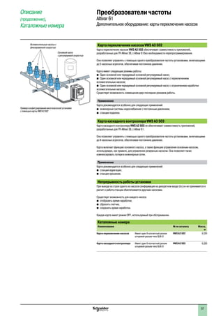 Карта переключения насосов VW3 A3 502
Карта переключения насосов VW3 A3 502 обеспечивает совместимость приложений,
разработанных для ПЧ Altivar 38, с Altivar 61без необходимости перепрограммирования.
Она позволяет управлять с помощью одного преобразователя частоты установками, включающими
до 5 насосных агрегатов, обеспечивая постоянное давление.
Карта имеет следующие режимы работы:
b Один основной или чередуемый основной регулируемый насос;
b Один основной или чередуемый основной регулируемый насос с переключением
вспомогательных насосов;
b Один основной или чередуемый основной регулируемый насос с ограничением наработки
вспомогательных насосов.
Существует возможность совмещения двух последних режимов работы.
Применение
Карта рекомендуется особенно для следующих применений:
b инженерные системы водоснабжения с постоянным давлением;
b станции подкачки.
Карта каскадного контроллера VW3 A3 503
Карта каскадного контроллера VW3 A3 503 не обеспечивает совместимость приложений,
разработанных для ПЧ Altivar 38, с Altivar 61.
Она позволяет управлять с помощью одного преобразователя частоты установками, включающими
до 4 насосных агрегатов, обеспечивая постоянное давление.
Карта включает функцию основного насоса, а также функцию управления основным насосом,
используемую, как правило, для управления резервным насосом. Она позволяет также
компенсировать потери в инженерных сетях.
Применение
Карта рекомендуется особенно для следующих применений:
b станции ирригации;
b станции орошения.
Непрерывность работы установки
При выходе из строя одного из насосов (информация на дискретном входе LIx) он не принимается в
расчет и работа станции обеспечивается другими насосами.
Существует возможность для каждого насоса:
b отобразить время наработки;
b сбросить счетчик;
b сохранить время наработки.
Каждая карта имеет режим OFF, используемый при обслуживании.
Каталожные номера
Наименование № по каталогу Масса,
кг
Карта переключения насосов Имеет один 9-контактный разъем
штыревой разъем типа SUB-D
VW3 A3 502 0,320
Карта каскадного контроллера Имеет один 9-контактный разъем
штыревой разъем типа SUB-D
VW3 A3 503 0,320
Преобразователи частоты
Altivar 61
Дополнительное оборудование: карты переключения насосов
Описание
(продолжение),
Каталожные номера
Пример конфигурирования многонасосной установки
с помощью карты VW3 A3 502
Основной насос
с регулируемой скоростью
Вспомогательные насосы с
фиксированной скоростью
1
2
3
4
5
6
7
8
9
10
57
 