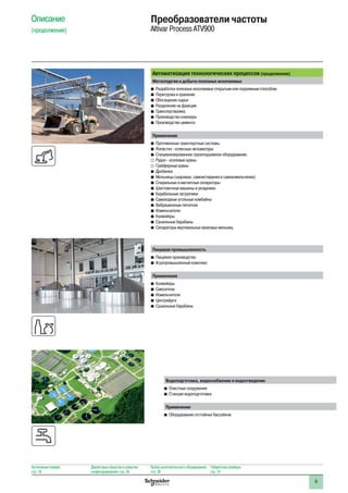 9
Автоматизация технологических процессов (продолжение)
Металлургия и добыча полезных ископаемых
bb Разработка полезных ископаемых открытым или подземным способом
bb Перегрузка и хранение
bb Обогащение сырья
bb Разделение на фракции
bb Транспортировка
bb Производство клинкера
bb Производство цемента
Применение
bb Протяженные транспортные системы
bb Лопастно - колесные экскаваторы
bb Специализированное грузоподъемное оборудование:
vv Рудно - козловые краны
vv Грейферные краны
bb Дробилки
bb Мельницы (шаровые, самоистирания и самоизмельчения)
bb Спиральные и магнитные сепараторы
bb Шихтовочные машины и укладчики
bb Корабельные загрузчики
bb Самоходные угольные комбайны
bb Вибрационные питатели
bb Измельчители
bb Конвейеры
bb Сушильные барабаны
bb Сепараторы вертикальных валковых мельниц
Пищевая промышленность
bb Пищевое производство
bb Агропромышленный комплекс
Применение
bb Конвейеры
bb Смесители
bb Измельчители
bb Центрифуги
bb Сушильные барабаны
Водоподготовка, водоснабжение и водоотведение
bb Очистные сооружения
bb Станции водоподготовки
Применение
bb Оборудование отстойных бассейнов
Каталожные номера:
стр. 18
Диалоговые средства и средства
конфигурирования: стр. 24
Выбор дополнительного оборудования:
стр. 28
Габаритные размеры:
стр. 74
Описание
(продолжение)
Преобразователи частоты
Altivar Process ATV900
 
