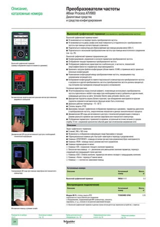 24
Описание,
каталожные номера
Преобразователи частоты
Altivar Process ATV900
Диалоговые средства
и средства конфигурирования
Выносной графический терминал (поставляется с преобразователем частоты)
Выносной графический терминал может:
bb Устанавливаться на лицевую панель преобразователя частоты
bb Устанавливаться на дверь шкафа (или иную поверхность) и подключаться к преобразователю
частоты при помощи соответствующего комплекта
bb Подключаться к компьютеру для обмена файлами при помощи разъема мини-USB (1)
bb Подключаться к нескольким преобразователям частоты при помощи многоточечного соединения
(см. стр. 25)
Выносной графический терминал предназначен для:
bb Конфигурирования, управления и контроля параметров преобразователя частоты
bb Отображения текущих переменных преобразователя частоты
bb Отображения графических характеристик и шаблонов для, в частности, показателей
энергоэффективности и параметров энергоменеджмента
bb Хранения и загрузки файлов конфигурации (объем памяти 16 МВ, в терминале могут храниться
несколько конфигураций)
bb Размножения конфигураций между преобразователями частоты, находящимися под
напряжением питающей сети
bb Копирования конфигураций из памяти персонального компьютера или преобразователя частоты
и загрузка их в другой преобразователь частоты (преобразователи частоты должны находиться
под питанием при проведении операций выгрузки и копирования)
Основные характеристики:
bb 24 интегрированных языка (полный алфавит), позволяющих использовать преобразователь
частоты практически в любой точке мира (при необходимости могут добавляться другие языки,
информация доступна на сайте Schneider Electric www.schneider-electric.com)
bb Двухцветная подсветка экрана (белая и красная); при обнаружении неисправности красная
подсветка появляется автоматически (функция может быть отключена)
bb Диапазон рабочих температур: -15 - 50 °C
bb Степень защиты: IP 65
bb Диаграммы трендов: графическое отображение переменных в динамике, параметры двигателя
и преобразователя частоты, энергетические показатели и данные технологического процесса
bb Динамические QR-коды для мгновенного доступа к технической документации и помощи в
режиме реального времени при наличии смартфона или планшетного компьютера
bb Отображение параметров с привязкой по времени, встроенный источник питания со сроком
службы 10 лет, сохранение хронологии событий даже при отключенном напряжении сети
Описание
Экран графического терминала:
bb 8 линий, 240 x 160 точек
bb Возможность отображения информации в виде барграфов и трендов
bb 4 функциональные клавиши для «быстрой» навигации и переходу к разделам меню
bb Клавиши «STOP/RESET»: команда останова при местном управлении/сброс неисправности
bb Клавиша «RUN»: команда пуска в режиме местного управления
bb Клавиши перемещения по меню:
vv Клавиша «OK»: сохранение текущего значения параметра
vv Бесконтактная клавиша «±»: увеличение или уменьшение значения параметра, переход к
следующей или предыдущей строке дисплея
vv Клавиша «ESC»: Отмена значения, параметра или меню и возврат к предыдущему значению
vv Клавиша «Home»: переход в Главное меню
vv Клавиша «i»: контекстно-зависимая помощь
Каталожные номера
Описание Каталожный
номер
Масса,
кг
Выносной графический терминал VW3A1111 0.2
Беспроводное подключение
Описание Каталожный
номер
Масса,
кг
Модуль Wi-Fi, степень защиты IP20
подключается к порту Ethernet для соединения
с оборудованием, поддерживающим WiFi (компьютеры, планшеты,
смартфоны, и т.д.), питание от встроенной заменяемой батареи
TCSEGWB13FA0 0.35
(1) Выносной графический терминал в данном случае используется как переносное устройство с памятью
Выносной графический терминал
(примеротображенияскоростиимоментавдинамике)
Автоматическая засветка дисплея красным светом при появлении
аварийного сообщения
Динамический QR-код для мгновенного доступа к необходимой
технической информации
Сканирование QR-кода при помощи смартфона или планшетного
компьютера
Мгновенная помощь в режиме онлайн
Руководство по выбору:
стр. 8
Каталожные номера:
стр. 18
Выбор дополнительного
оборудования: стр. 28
Коммуникационные шины
и сети: стр. 34
Габаритные размеры:
стр. 74
 