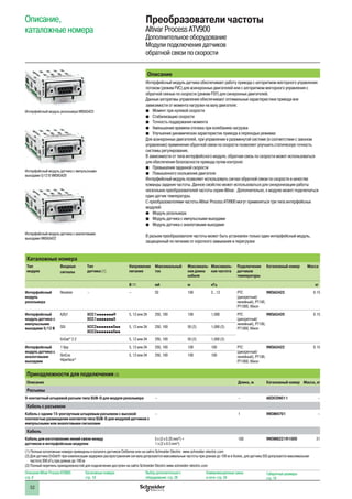 32
Описание,
каталожные номера
Преобразователи частоты
Altivar Process ATV900
Дополнительное оборудование
Модули подключения датчиков
обратной связи по скорости
Описание Altivar Process ATV900:
стр. 8
Каталожные номера:
стр. 18
Выбор дополнительного
оборудования: стр. 28
Коммуникационные шины
и сети: стр. 34
Габаритные размеры:
стр. 74
Описание
Интерфейсный модуль датчика обеспечивает работу привода с алгоритмом векторного управления
потоком (режим FVC) для асинхронных двигателей или с алгоритмом векторного управления с
обратной связью по скорости (режим FSY) для синхронных двигателей.
Данные алгоритмы управления обеспечивают оптимальные характеристики привода вне
зависимости от момента нагрузки на валу двигателя:
bb Момент при нулевой скорости
bb Стабилизацию скорости
bb Точность поддержания момента
bb Уменьшение времени отклика при колебаниях нагрузки
bb Улучшение динамических характеристик привода в переходых режимах
Для асинхронных двигателей, при управлении в разомкнутой системе (в соответствии с законом
управления) применение обратной связи по скорости позволяет улучшить статическую точность
системы регулирования.
В зависимости от типа интерфейсного модуля, обратная связь по скорости может использоваться
для обеспечения безопасности привода путем контроля:
bb Превышения заданной скорости
bb Повышенного скольжения двигателя
Интерфейсный модуль позволяет использовать сигнал обратной связи по скорости в качестве
команды задания частоты. Данное свойство может использоваться для синхронизации работы
нескольких преобразователей частоты серии Altivar. Дополнительно, к модулю может подключаться
один датчик температуры.
С преобразователями частоты Altivar Process ATV900 могут применяться три типа интерфейсных
модулей:
bb Модуль резольвера
bb Модуль датчика с импульсными выходами
bb Модуль датчика с аналоговыми выходами
В разъем преобразователя частоты может быть установлен только один интерфейсный модуль,
защищенный по питанию от короткого замыкания и перегрузки
Каталожные номера
Тип
модуля
Входные
сигналы
Тип
датчика (1)
Напряжение
питания
Максимальный
ток
Максималь-
ная длина
кабеля
Максималь-
ная частота
Подключение
датчиков
температуры
Каталожный номер Масса
В c мА м кГц кг
Интерфейсный
модуль
резольвера
Resolver – – 50 100 3...12 PTC
(дискретный/
линейный), PT100,
PT1000, Klixon
VW3A3423 0.15
Интерфейсный
модуль датчика с
импульсными
выходами 5/12 В
A/B/I XCC1pppppppR
XCC1pppppppX
5, 12 или 24 250, 100 100 1,000 PTC
(дискретный/
линейный), PT100,
PT1000, Klixon
VW3A3420 0.15
SSI XCC2pppppppSpp
XCC3pppppppSpp
5, 12 или 24 250, 100 50 (2) 1,000 (2)
EnDat®
2.2 5, 12 или 24 250, 100 50 (2) 1,000 (2)
Интерфейсный
модуль датчика с
аналоговыми
выходами
1 Vpp 5, 12 или 24 250, 100 100 100 PTC
(дискретный/
линейный), PT100,
PT1000, Klixon
VW3A3422 0.15
SinCos
Hiperface®
5, 12 или 24 250, 100 100 100
Принадлежности для подключения (3)
Описание Длина, м Каталожный номер Масса, кг
Разъемы
9-контактный штыревой разъем типа SUB-D для модуля резольвера – – AEOCON011 –
Кабель с разъемом
Кабель с одним 15-уонтаутным штыревым разъемом с высокой
плотностью размещения контактов типа SUB-D для модулей датчиков с
импульсными или аналоговыми сигналами
– 1 VW3M4701 –
Кабель
Кабель для изготовления линий связи между
датчиком и интерфейсным модулем
5 x (2 x 0.25 mm²) +
1 x (2 x 0.5 mm²)
100 VW3M8221R1000 21
(1) Полные каталожные номера приведены в каталоге датчиков OsiSense или на сайте Schneider Electric www.schneider-electric.com
(2) Для датчика EnDat® при компенсации задержки распространения сигнала допускаются максимальные частоты при длинах до 100 м и более, для датчика SSI допускается максимальная
частота 300 кГц при длинах до 100 м
(3) Полный перечень принадлежностей для подключения доступен на сайте Schneider Electric www.schneider-electric.com
Интерфейсный модуль датчика с аналоговыми
выходами VW3A3422
Интерфейсный модуль датчика с импульсными
выходами 5/12 В VW3A3420
Интерфейсный модуль резольвера VW3A3423
 