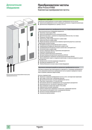 64
Дополнительное
оборудование
Преобразователи частоты
Altivar Process ATV900
Комплектные преобразователи частоты
Модульная структура
Комплектная система управления на основе шкафного преобразователя частоты состоит:
bb Комплектный преобразователь частоты «компактного» исполнения в стандартной комплектации
bb Дополнительное оборудование (см. страницы с 70 по 73)
Дополнение комплектного преобразователя частоты стандартизированными опциями
В качестве дополнительного оборудования предлагается:
bb Увеличение степени защиты (IP54)
bb Цоколь для преобразователя частоты напольной установки
bb Дополнительная секция, с возможностью ввода/вывода кабеля как снизу, так и сверху
bb Освещение и обогрев шкафа
bb Переключатель «Местное/Дистанционное» на двери шкафа
bb Вывод порта Ethernet на дверь шкафа
bb Модули расширения и дополнительные клеммники подключения дискретных и аналоговых
входов/выходов и релейных выходов
bb Интерфейсный модуль датчика обратной связи по скорости
bb Коммуникационные модули для подключения к шинам и сетям
bb Сертифицированная SIL3 функция останова в соответствии с категорией 0 или 1
bb Контрольные лампы на двери шкафа
bb Контроль температуры обмоток и подшипников электродвигателя
bb Управление обогревом двигателя
bb Установка в шкаф автоматического выключателя
bb Моторный привод для автоматического выключателя 230 В АС
bb Катушка минимального напряжения в автоматическом выключателе 230 В АС
bb Фильтр dU/dt (может входить в стандартную комплектацию, тип фильтра определяется длиной
кабеля двигателя)
bb Автоматическое отключение напряжения питающей сети
bb Настройки для напряжения 415 В + 10%
bb Таблички безопасности на языке страны поставки оборудования
Выполнение инженерной проработки комплектного преобразователя частоты
Некоторые из указанных ниже опций изменяются в зависимости от типоразмера преобразователя
частоты. Дополнение комплектного преобразователя частоты опциями из приведенного перечня
может потребовать изменения габаритов шкафа
Доступны следующие опции:
bb Возможность применения преобразователя частоты в сетях с нестандартными параметрами
bb Цвет шкафа в соответствии с требованиями заказчика
bb Дистанционный мониторинг состояния преобразователя частоты
bb Подготовка к подключению по 12-пульсной схеме
bb Изготовление комплектного преобразователя частоты без вводного разъединителя
bb Увеличение расчетного тока короткого замыкания до 100 кА
bb Вход охлаждающего воздуха через заднюю стенку шкафа
bb Изменение цвета изоляции проводников
bb Комплект документации и маркировка в соответствии с требованиями заказчика
bb Подготовка для использования в сетях с изолированной нейтралью
bb Контактор по выходу преобразователя частоты
bb Усиленная или морская упаковка
Дополнительная секция для ввода кабелей питания группы
преобразователей частоты
 