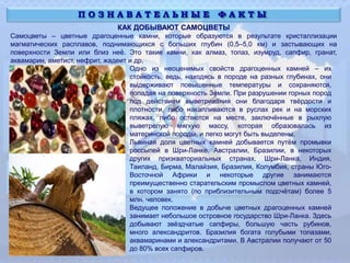 П О З Н А В А Т Е Л Ь Н Ы Е Ф А К Т Ы
КАК ДОБЫВАЮТ САМОЦВЕТЫ
Самоцветы – цветные драгоценные камни, которые образуются в результате кристаллизации
магматических расплавов, поднимающихся с больших глубин (0,5–5,0 км) и застывающих на
поверхности Земли или близ неё. Это такие камни, как алмаз, топаз, изумруд, сапфир, гранат,
аквамарин, аметист, нефрит, жадеит и др.
Одно из неоценимых свойств драгоценных камней – их
стойкость, ведь, находясь в породе на разных глубинах, они
выдерживают повышенные температуры и сохраняются,
попадая на поверхность Земли. При разрушении горных пород
под действием выветривания они благодаря твёрдости и
плотности, либо накапливаются в руслах рек и на морских
пляжах, либо остаются на месте, заключённые в рыхлую
выветрелую мягкую массу, которая образовалась из
материнской породы, и легко могут быть выделены.
Львиная доля цветных камней добывается путём промывки
россыпей в Шри-Ланке, Австралии, Бразилии, в некоторых
других приэкваториальных странах. Шри-Ланка, Индия,
Таиланд, Бирма, Малайзия, Бразилия, Колумбия, страны Юго-
Восточной Африки и некоторые другие занимаются
преимущественно старательским промыслом цветных камней,
в котором занято (по приблизительным подсчётам) более 5
млн. человек.
Ведущее положение в добыче цветных драгоценных камней
занимает небольшое островное государство Шри-Ланка. Здесь
добывают звёздчатые сапфиры, большую часть рубинов,
много александритов. Бразилия богата голубыми топазами,
аквамаринами и александритами. В Австралии получают от 50
до 80% всех сапфиров.
 