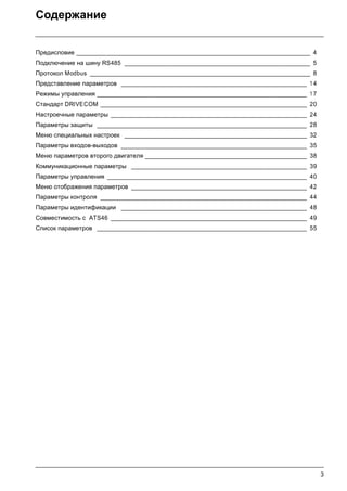 3
ENGLISH
Содержание
Предисловие ____________________________________________________________________ 4
Подключение на шину RS485 ______________________________________________________ 5
Протокол Modbus ________________________________________________________________ 8
Представление параметров ______________________________________________________ 1 4
Режимы управления _____________________________________________________________ 1 7
Стандарт DRIVECOM ____________________________________________________________ 20
Настроечные параметры _________________________________________________________ 24
Параметры защиты _____________________________________________________________ 28
Меню специальных настроек _____________________________________________________ 32
Параметры входов-выходов ______________________________________________________ 35
Меню параметров второго двигателя _______________________________________________ 38
Коммуникационные параметры ___________________________________________________ 39
Параметры управления __________________________________________________________ 40
Меню отображения параметров ___________________________________________________ 42
Параметры контроля ____________________________________________________________ 44
Параметры идентификации ______________________________________________________ 48
Совместимость с ATS46 _________________________________________________________ 49
Список параметров _____________________________________________________________ 55
 