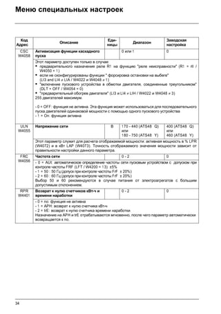 34
Меню специальных настроек
Код
Адрес
Описание
Еди-
ницы
Диапазон
Заводская
настройка
CSC
W4058
Активизация функции каскадного
пуска
0 или 1 0
Этот параметр доступен только в случае:
• предварительного назначения реле R1 на функцию реле неисправности (R1 = rlI /
W4050 = 1 )
• если не сконфигурированы функции  форсировка остановки на выбеге
(LI3 and LI4 ≠ LIA / W4022 и W4048 ≠ 1 )
• включение пускового устройства в обмотки двигателя, соединенные треугольником
(DLT = OFF / W4054 = 0)
• предварительный обогрев двигателя (LI3 и LI4 ≠ LIH / W4022 и W4048 ≠ 3)
255 двигателей максимум.
- 0 = OFF: функция не активна. Эта функция может использоваться для последовательного
пуска двигателей одинаковой мощности с помощью одного пускового устройства
- 1 = On: функция активна
ULN
W4055
Напряжение сети В 170 - 440 (ATS48 Q)
или
180 - 750 (ATS48 Y)
400 (ATS48 Q)
или
460 (ATS48 Y)
Этот параметр служит для расчета отображаемой мощности: активная мощность в % LPR
(W4072) и в кВт LAP (W4073). Точность отображаемого значения мощности зависит от
правильности настройки данного параметра.
FRC
W4056
Частота сети 0 - 2 0
- 0 = AUt: автоматическое определение частоты сети пусковым устройством с допуском при
контроле частоты FRF (LFT / W4200 = 1 3) ±5%
- 1 = 50 : 50 Гц (допуск при контроле частоты FrF ± 20%)
- 2 = 60 : 60 Гц (допуск при контроле частоты FrF ± 20%)
Выбор 50 и 60 рекомендуются в случае питания от электроагрегатов с большим
допустимым отклонением.
RPR
W4401
Возврат к нулю счетчиков кВт•ч и
времени наработки
0 - 2 0
- 0 = no: функция не активна
- 1 = APH: возврат к нулю счетчика кВт•ч
- 2 = trE: возврат к нулю счетчика времени наработки
Назначение на APH и trE отрабатываются мгновенно, после чего параметр автоматически
возвращается к no.
 
