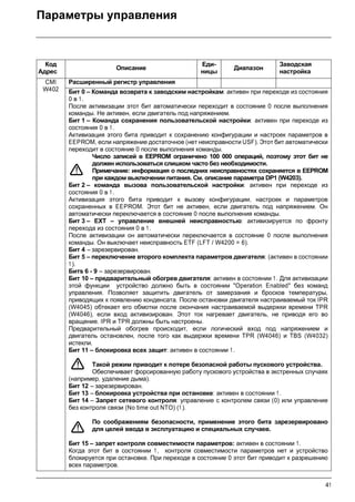41
Параметры управления
Код
Адрес
Описание
Еди-
ницы
Диапазон
Заводская
настройка
CMI
W402
Расширенный регистр управления
Бит 0 – Команда возврата к заводским настройкам: активен при переходе из состояния
0 в 1 .
После активизации этот бит автоматически переходит в состояние 0 после выполнения
команды. Не активен, если двигатель под напряжением.
Бит 1 – Команда сохранения пользовательской настройки: активен при переходе из
состояния 0 в 1 .
Активизация этого бита приводит к сохранению конфигурации и настроек параметров в
EEPROM, если напряжение достаточное (нет неисправности USF). Этот бит автоматически
переходит в состояние 0 после выполнения команды.
Число записей в EEPROM ограничено 100 000 операций, поэтому этот бит не
должен использоваться слишком часто без необходимости.
Примечание: информация о последних неисправностях сохраняется в EEPROM
при каждом выключении питания. См. описание параметра DP1 (W4203).
Бит 2 – команда вызова пользовательской настройки: активен при переходе из
состояния 0 в 1.
Активизация этого бита приводит к вызову конфигурации, настроек и параметров
сохраненных в EEPROM. Этот бит не активен, если двигатель под напряжением. Он
автоматически переключается в состояние 0 после выполнения команды.
Бит 3 – EXT – управление внешней неисправностью: активизируется по фронту
перехода из состояния 0 в 1 .
После активизации он автоматически переключается в состояние 0 после выполнения
команды. Он выключает неисправность ETF (LFT / W4200 = 6).
Бит 4 –зарезервирован.
Бит 5 – переключение второго комплекта параметров двигателя: (активен в состоянии
1).
Битs 6 - 9 –зарезервирован.
Бит 10 – предварительный обогрев двигателя: активен в состоянии 1 . Для активизации
этой функции устройство должно быть в состоянии Operation Enabled без команд
управления. Позволяет защитить двигатель от замерзания и бросков температуры,
приводящих к появлению конденсата. После остановки двигателя настраиваемый ток IPR
(W4045) обтекает его обмотки после окончания настраиваемой выдержки времени TPR
(W4046), если вход активизирован. Этот ток нагревает двигатель, не приводя его во
вращение. IPR и TPR должны быть настроены.
Предварительный обогрев происходит, если логический вход под напряжением и
двигатель остановлен, после того как выдержки времени TPR (W4046) и TBS (W4032)
истекли.
Бит 11 – блокировка всех защит: активен в состоянии 1.
Такой режим приводит к потере безопасной работы пускового устройства.
Обеспечивает форсированную работу пускового устройства в экстренных случаях
(например, удаление дыма).
Бит 12 –зарезервирован.
Бит 13 –блокировка устройства при остановке: активен в состоянии 1 .
Бит 14 – Запрет сетевого контроля: управление с контролем связи (0) или управление
без контроля связи (No time out NTO) (1).
По соображениям безопасности, применение этого бита зарезервировано
для целей ввода в эксплуатацию и специальных случаев.
Бит 15 – запрет контроля совместимости параметров: активен в состоянии 1.
Когда этот бит в состоянии 1 , контроля совместимости параметров нет и устройство
блокируется при остановке. При переходе в состояние 0 этот бит приводит к разрешению
всех параметров.
 