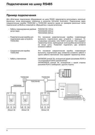 6
Подключение на шину RS485
Пример подключения
Для облегчения подключения оборудования на шину RS485 предлагается использовать несколько
различных типов аксессуаров, описанных в каталогах Schneider Automation. Подключение через
соединительные коробки TSXSCA62 и TSXSCA50 является одним из примеров различных типов
подключений на Modbus (пожалуйста, обращайтесь к нашим каталогам).
- Кабель (экранированная двойная
витая пара):
TSXCSA100 (1 00 м)
TSXCSA200 (200 м)
TSXCSA500 (500 м)
- Разветвительная коробка для
подключения двух устройств
TSXSCA62:
Это пассивная разветвительная коробка, позволяющая
выполнить подключение двух устройств с помощью 1 5-
штырьковых разъемов типа SUB-D (розетка). Она содержит
терминатор линии, необходимый, если коробка располагается
на конце шины. Позволяет подключать два сегмента
основного кабеля.
- Соединительная коробка
TSXSCA50:
Это пассивная соединительная коробка, позволяющая
выполнить подключение двух сегментов основного кабеля и
одного кабеля ответвления. Она содержит терминатор линии.
- Кабель ответвления: VW3A8306 длиной 3м, оснащенный двумя разъемами (RJ45 и
1 5-штырьковый SUB-D разъем-вилка).
VW3A8306D30 длиной 3м, оснащенный с одной стороны
разъемом RJ45 и свободный с другой стороны.
Altistart 48 Altistart 48 Altistart 48
TSXCSA·00
TSXSCA50TSXSCA62
VW3A8306
VW3A8306D30
PC
 