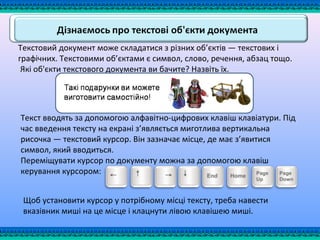Текст вводять за допомогою алфавітно-цифрових клавіш клавіатури. Під
час введення тексту на екрані з’являється миготлива вертикальна
рисочка — текстовий курсор. Він зазначає місце, де має з’явитися
символ, який вводиться.
Переміщувати курсор по документу можна за допомогою клавіш
керування курсором:
Текстовий документ може складатися з різних об’єктів — текстових і
графічних. Текстовими об’єктами є символ, слово, речення, абзац тощо.
Які об'єкти текстового документа ви бачите? Назвіть їх.
Щоб установити курсор у потрібному місці тексту, треба навести
вказівник миші на це місце і клацнути лівою клавішею миші.
 