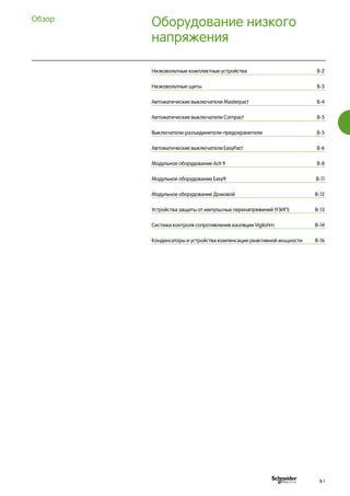 Оборудование низкого
напряжения
Обзор
Низковольтные комплектные устройства	 B-2
Низковольтные щиты	 B-3
Автоматические выключатели Masterpact	 B-4
Автоматические выключатели Compact	 B-5
Выключатели-разъединители-предохранители	 B-5
Автоматические выключатели EasyPact	 B-6
Модульное оборудование Acti 9	 B-8
Модульное оборудование Easy9	 B-11
Модульное оборудование Домовой	 B-12
Устройства защиты от импульсных перенапряжений (УЗИП)	 B-13
Система контроля сопротивления изоляции Vigilohm	 В-14
Конденсаторы и устройства компенсации реактивной мощности	 B-16
B-1
 