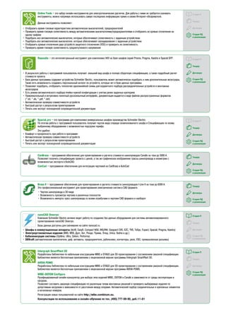 Стадия П
Тендер
Договоры
Стадия РД
и реализация
Online Tools – это набор онлайн-инструментов для электротехнических расчетов. Для работы с ними не требуется скачивать
инструменты, можно напрямую использовать самую последнюю информацию прямо в своем Интернет-обозревателе.
Данные инструменты позволяют:
•	Отобразить время-токовые характеристики автоматических выключателей, предохранителей
•	Проверить время-токовую селективность между автоматическими выключателями/предохранителями и отобразить их кривые отключения на
одном графике
•	Подобрать все автоматические выключатели, которые обеспечивают селективность с заданным устройством
•	Подобрать все автоматические выключатели, которые обеспечивают каскадирование с заданным устройством
•	Отобразить кривые отключения двух устройств защитного отключения (УЗО) и проверить их селективность
•	Проверить время-токовую селективность среднего/низкого напряжения
Стадия П
Тендер
Договоры
Стадия РД
и реализация
Rapsodie – это интеллектуальный инструмент для компоновки НКУ на базе шкафов серий Prisma, Pragma, Kaedra и Spacial SFP.
•	В результате работы с программой пользователь получает: внешний вид шкафа и полную сборочную спецификацию, а также подробный расчет
стоимости проекта
•	База данных программы содержит устройства Schneider Electric, пользователь может автоматически подобрать к ним дополнительные аксессуары.
Также есть возможность создавать персональный каталог из устройств, которых нет в базе данных программы
•	Позволяет подобрать, отобразить топологию однолинейной схемы для корректного подбора распределительных устройств и монтажных
аксессуаров
•	Есть режим автоматического подбора ячейки нужной конфигурации с учетом ранее заданных критериев
•	Привлекательный и интуитивно понятный русскоязычный интерфейс, документация выдается в виде файлов распространенных форматов
(*.txt, *.xls, *.pdf, *.dxf)
•	Автоматическая проверка совместимости устройств
•	Быстрый доступ к результатам проектирования
•	Печать или экспорт полноценной сопроводительной документации
Стадия П
Тендер
Договоры
Стадия РД
и реализация
Spacial.pro – это программа для компоновки универсальных шкафов производства Schneider Electric.
По итогам работы с программой пользователь получает чертеж вида спереди скомпонованного шкафа и Спецификацию по всему
выбранному оборудованию с возможностью подгрузки тарифа.
Это удобно:
•	Комфорт и прозрачность при работе в программе
•	Автоматическая проверка совместимости устройств
•	Быстрый доступ к результатам проектирования
•	Печать или экспорт полноценной сопроводительной документации
Тендер
Договоры
Стадия РД
и реализация
CanBrass – программное обеспечение для проектирования и расчета стоимости шинопроводов Canalis на токи до 5000 А.
Позволяет получить спецификацию проекта с ценой, а так же графическое изображение трассы шинопровода в изометрии с
возможностью экспорта в AutoCAD.
CanCad – программное обеспечение для интеграции чертежей из CanBrass в AutoCad
Стадия П
Тендер
Договоры
Стадия РД
и реализация
Intergraph SmartPlant 3D
Разработаны библиотеки по кабельным конструкциям WIBE и STAGO для 3D-проектирования с составлением заказной спецификации.
Библиотеки является бесплатным приложением к лицензионной версии программы Intergraph SmartPlant 3D.
AVEVA PDMS
Разработаны библиотеки по кабельным конструкциям WIBE и STAGO для 3D-проектирования с составлением заказной спецификации.
Библиотеки является бесплатным приложением к лицензионной версии программы AVEVA PDMS.
WIBE-DEFEM Configura
Русифицированный онлайн-калькулятор для выбора типа изделий WIBE, DEFEM и Canalis в зависимости от среды эксплуатации и
нагрузок.
Позволяет составить заказную спецификацию по различным типам монтажных решений и проверить выбираемые изделия по
допустимым нагрузкам в зависимости от расстояния между опорами. Автоматический подбор соединительных и крепежных элементов
и каталожных номеров.
Регистрация новых пользователей на сайте http://wibe.combinum.eu.
Консультации по использованию и онлайн-обучение по тел. (495) 777-99-90, доб.11-81
Стадия П
Тендер
Договоры
Стадия РД
и реализация
nanoCAD Электро
Компания Schneider Electric активно ведет работу по созданию баз данных оборудования для системы автоматизированного
проектирования nanoCAD Электро.
Базы данных доступны для скачивания на сайте nanocad.ru:
•	Шкафы и коммутационные аппараты (Acti9, Easy9, Compact NSX, INS/INV, Easypact CVS, EZC, TVS, TeSys, Fupact, Spacial, Pragma, Kaedra)
•	Электроустановочные изделия (W45, W59, Дуэт, Хит, Рондо, Прима, Этюд, Unica, Sedna и др.)
•	Кабеленесущие системы (Optiline, Ultra, Defem, Performa)
•	DEKraft (автоматические выключатели, диф. автоматы, предохранители, рубильники, контакторы, реле, УЗО, промышленные разъемы)
Тендер
Договоры
Стадия РД
и реализация
Brass II – программное обеспечение для проектирования и расчета стоимости шинопроводов I-Line II на токи до 6300 А.
Это профессиональный инструмент для проектирования электрических систем в СAD формате.
• Чертеж шинопровода в 3D-виде
• Возможность просмотра чертежа в различных плоскостях
• Возможность импорта трасс шинопровода со всеми атрибутами в чертежи CAD формата и наоборот
 