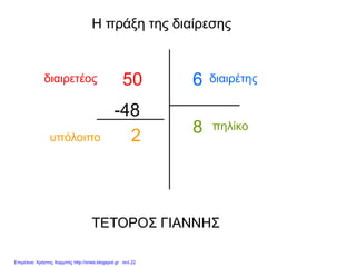 -48
50
8
6
2
διαιρετέος διαιρέτης
πηλίκο
υπόλοιπο
Η πράξη της διαίρεσης
ΤΕΤΟΡΟΣ ΓΙΑΝΝΗΣ
Επιμέλεια: Χρήστος Χαρμπής http://xristx.blogspot.gr σελ.22
 