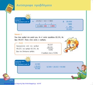 270
270
ÁðÜíôçóç óôçí
Üóêçóç 3
ôåôñ. åñãáóéþí ä, óåë. 10
Áíôßóôñïöá ðñïâëÞìáôá
á. â. 25.032
7.805
+ 163
33.000
¢óêçóç 2
¸÷ù Ýíáí áñéèìü óôï ìõáëü ìïõ. Áí ó’ áõôüí ðñïóèÝóù 83.191, èá
âñù 99.237. Ðïéïò åßíáé áõôüò ï áñéèìüò;
Ëýóç
Ï áñéèìüò åßíáé ï 9.046.
92.237
–83.191
9.046
ÁðÜíôçóç óôçí
Üóêçóç 4
ôåôñ. åñãáóéþí ä, óåë. 10
62.985 + 28.003 = 90.988
62.985
+ 28.003
90.988
Áöáéñþíôáò áðü ôïí áñéèìü
99.237, ôïí áñéèìü 83.191, èá
âñù ôïí æçôïýìåíï áñéèìü.
Επιμέλεια: Χρήστος Χαρμπής http://xristx.blogspot.gr σελ.40
 