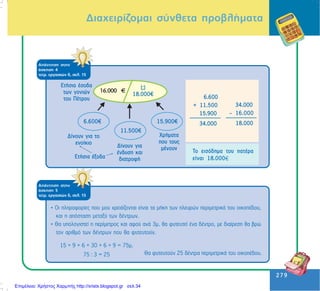 279
279
Äéá÷åéñßæïìáé óýíèåôá ðñïâëÞìáôá
ÁðÜíôçóç óôçí
Üóêçóç 4
ôåôñ. åñãáóéþí ä, óåë. 15
Ôï åéóüäçìá ôïõ ðáôÝñá
åßíáé 18.000
6.600
+ 11.500
15.900
34.000
34.000
– 16.000
18.000
ÁðÜíôçóç óôçí
Üóêçóç 5
ôåôñ. åñãáóéþí ä, óåë. 15
• Ïé ðëçñïöïñßåò ðïõ ìïõ ÷ñåéÜæïíôáé åßíáé ôá ìÞêç ôùí ðëåõñþí ðåñéìåôñéêÜ ôïõ ïéêïðÝäïõ,
êáé ç áðüóôáóç ìåôáîý ôùí äÝíôñùí.
• Èá õðïëïãéóôåß ç ðåñßìåôñïò êáé áöïý áíÜ 3ì. èá öõôåõôåß Ýíá äÝíôñï, ìå äéáßñåóç èá âñþ
ôïí áñéèìü ôùí äÝíôñùí ðïõ èá öõôåõôïýí.
15 + 9 + 6 + 30 + 6 + 9 = 75ì.
75 : 3 = 25 Èá öõôåõôïýí 25 äÝíôñá ðåñéìåôñéêÜ ôïõ ïéêïðÝäïõ.
Επιμέλεια: Χρήστος Χαρμπής http://xristx.blogspot.gr σελ.34
 
