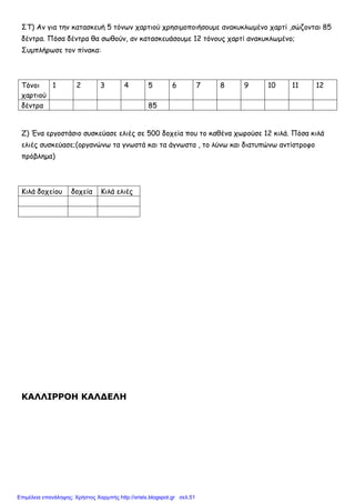 ΣΤ) Αν για την κατασκευή 5 τόνων χαρτιού χρησιµοποιήσουµε ανακυκλωµένο χαρτί ,σώζονται 85
δέντρα. Πόσα δέντρα θα σωθούν, αν κατασκευάσουµε 12 τόνους χαρτί ανακυκλωµένο;
Συµπλήρωσε τον πίνακα:
Τόνοι
χαρτιού
1 2 3 4 5 6 7 8 9 10 11 12
δέντρα 85
Ζ) Ένα εργοστάσιο συσκεύασε ελιές σε 500 δοχεία που το καθένα χωρούσε 12 κιλά. Πόσα κιλά
ελιές συσκεύασε;(οργανώνω τα γνωστά και τα άγνωστα , το λύνω και διατυπώνω αντίστροφο
πρόβληµα)
Κιλά δοχείου δοχεία Κιλά ελιές
ΚΑΛΛΙΡΡΟΗ ΚΑΛ∆ΕΛΗ
Επιμέλεια επανάληψης: Χρήστος Χαρμπής http://xristx.blogspot.gr σελ.51
 
