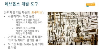 데브옵스 개발 도구
2-피자팀 개발자들의 ‘도구박스’:
• 사용하거나 직접 운영:
• 운영에 소용되는 시간은
개발에 소요되는 시간 보다
적음
• 개발에 적은 시간을
사용한다면 목표를 놓칠
위험성이 증가함
• 기존에 성공적으로 동작하는
최고의/최대의 결과를 유도
• 도구는 다른 2-피자팀에 의해
관리됨
 